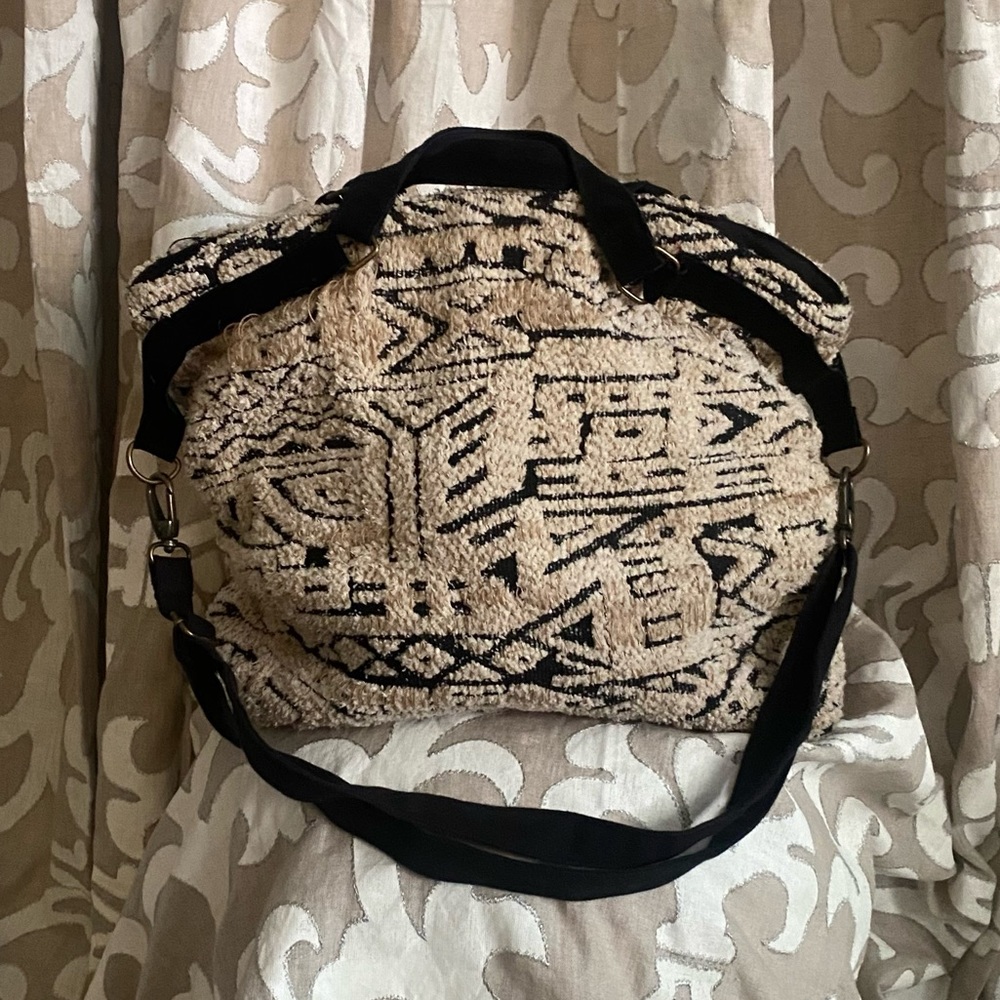 World Market cream and black carpet tote bag with suede straps